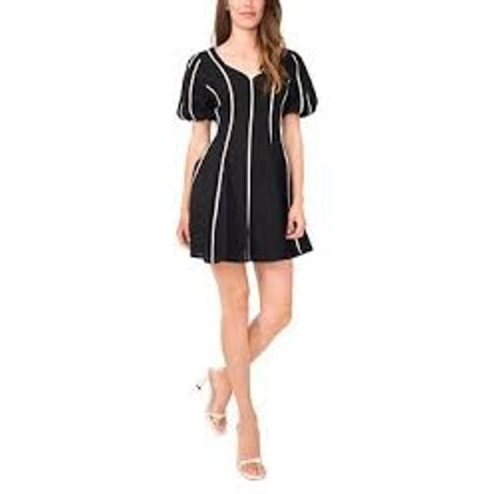 1.STATE Womens Mini Dress S Black Ivory Contrast Piping Puff Sleeve DS93683360AP